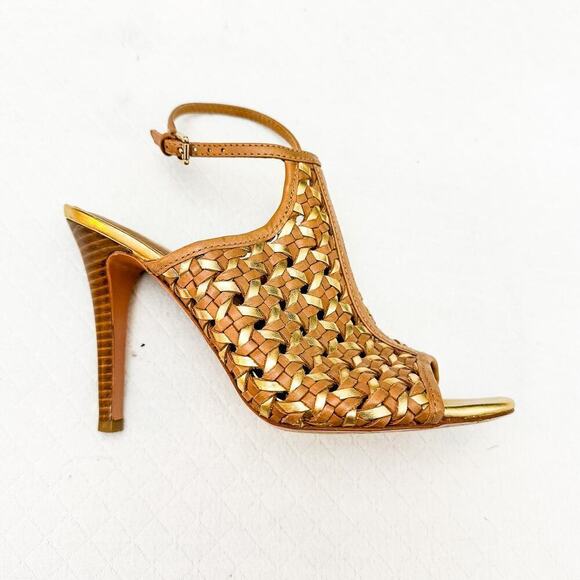 Coach Leela Brown Woven Basketweave Metallic Heeled Open Toe Sandal 7.5 - Picture 4 of 7